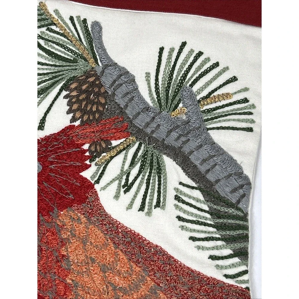Pottery Barn Christmas Stocking Embroidery Cardinal Pine Cone Branch Bird Crewel